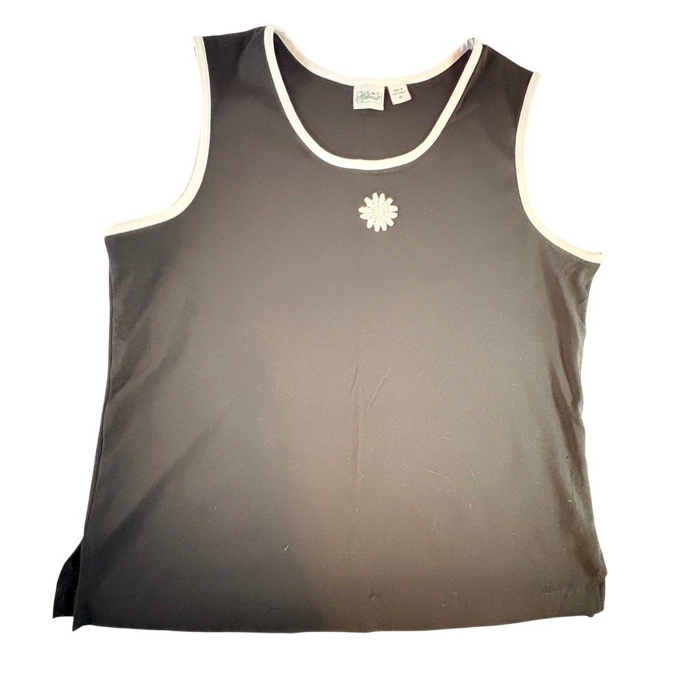 Haband Tank Top Womens Medium Black White Contrast Trim Daisy Floral Sleeveless